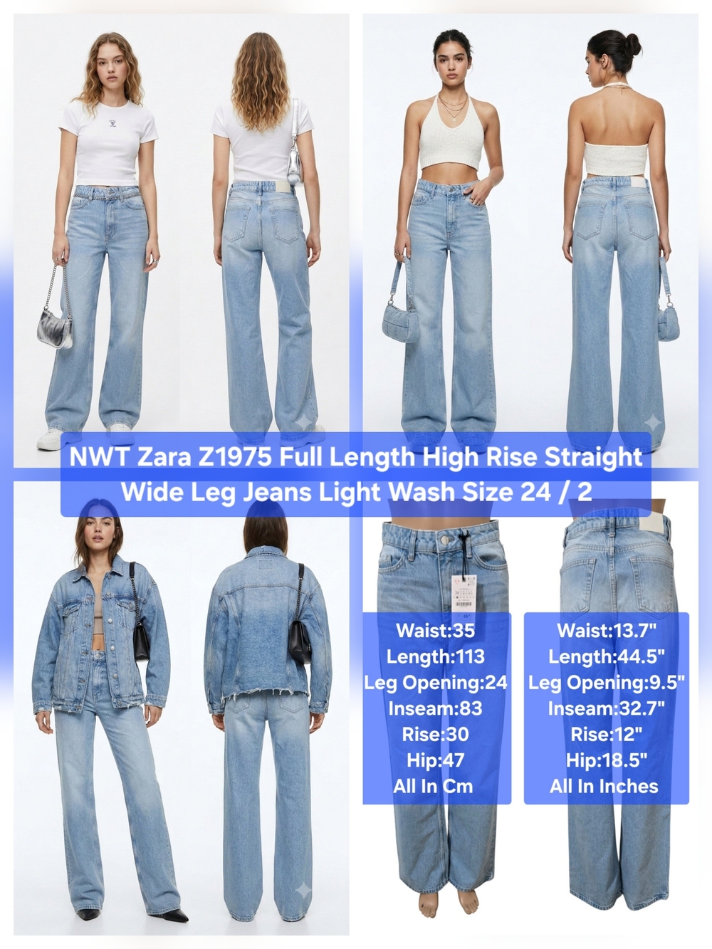 NWT Zara Z1975 Full Length High Rise Straight Wide Leg Jeans Size 24 / 2 TALL